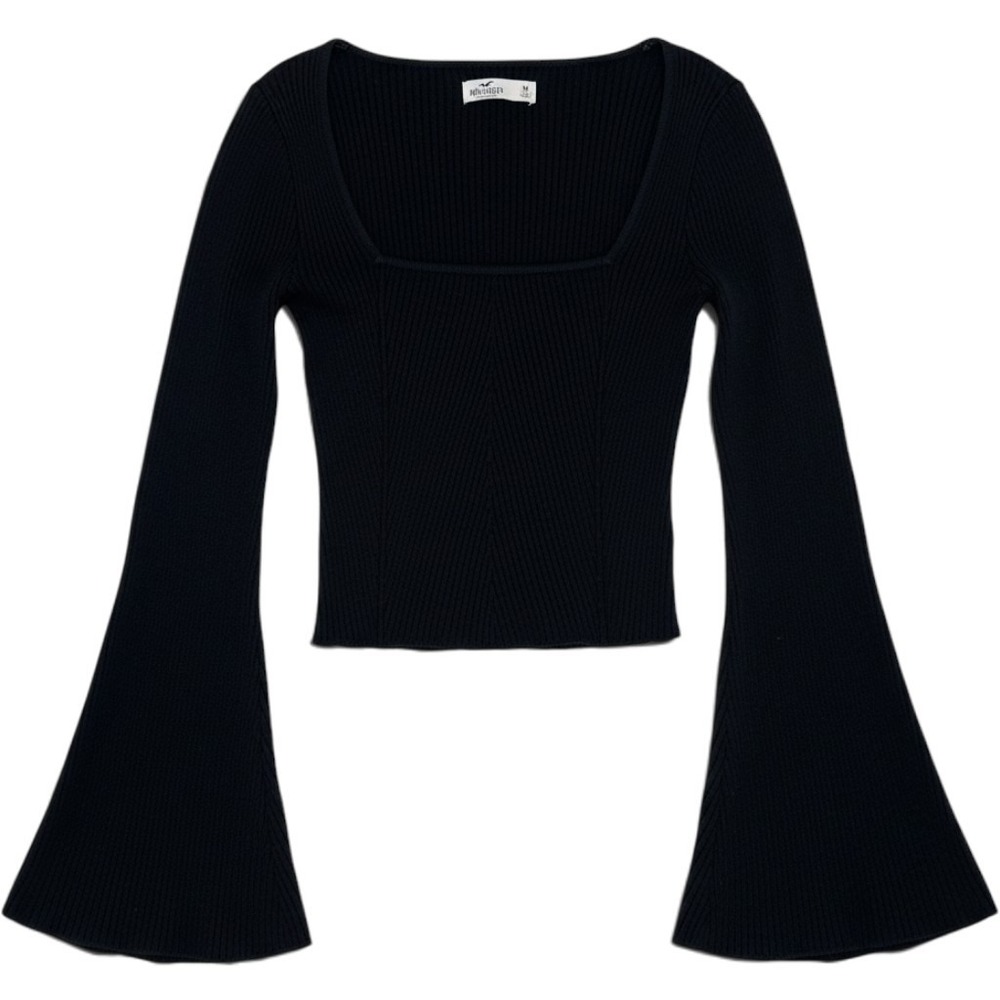 Hollister Womens Black Ribbed Square Neck Bell Sleeve Top Medium